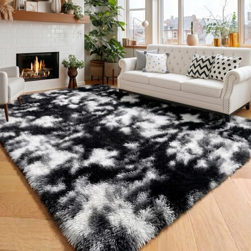 Amdrebio Teppich für Wohnzimmer, flauschiger Hochflor-Teppich für Schlafzimmer, Kinderzimmer, modernes Teenagerzimmer, Studentenwohnheim, Schwarz-Weiß-Grau, 1,8 x 2,7 m