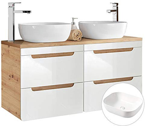 Lomadox admöbel Waschtisch Set in weiß Hochglanz & Wotan Eiche Nb., 2 Keramik-Aufsatzwaschbecken, 120 cm Waschtischunterschrank 4 Softclose-Schubkästen