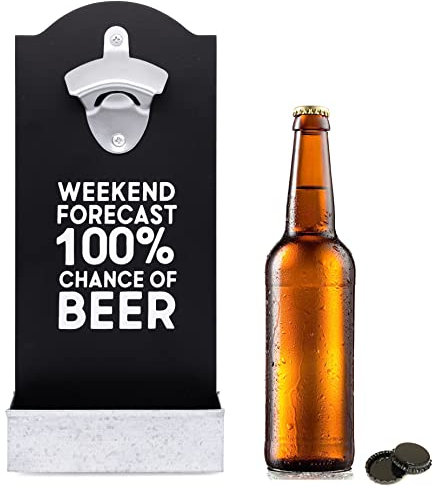 Retro Weekend Forecast Beer Bottle Opener and Bottle Cap Catcher, Wood Wall Mounted Bottle Opener, Decorative Home Wall Decor Display Piece, Great for Man Cave, Game Room, Kitchen, Dining Room