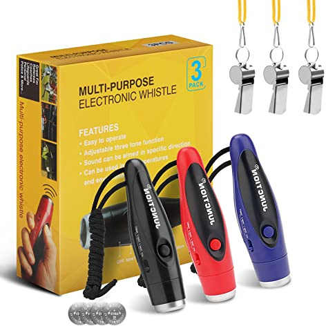Silbato electrónico, paquete de 3 silbatos electrónicos de mano con cordón, tres tonos distintivos, silbato deportivo al aire libre para entrenadores, árbitros, profesores de educación física