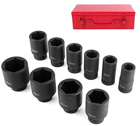 10 pièces Jeu de douilles à chocs de 3/4, Coffret de douilles à chocs 6 pans avec boîte de rangement Convient pour la réparation automobile