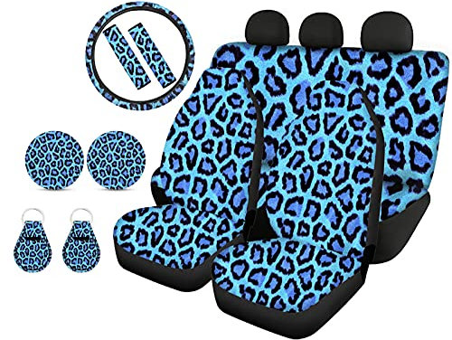 Biyejit Autositzbezug mit blauem Leopardenmuster, für Vorder- und Rücksitz, komplettes Set, 11-teilig, mit Lenkradbezug + Sicherheitsgurtbezug + Untersetzer + Schlüsselanhänger, universelle Passform