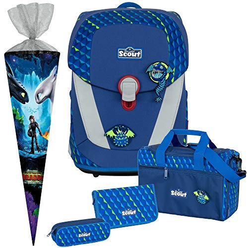 FLYING MONSTERS - Dragons Drache - Scout Sunny II mit Funny Snaps Schulranzen-Set 5tlg. mit SPORTTASCHE - SCHULTÜTE GRATIS DAZU, Blau, Größe: B 29 x H 39 x T 22 cm