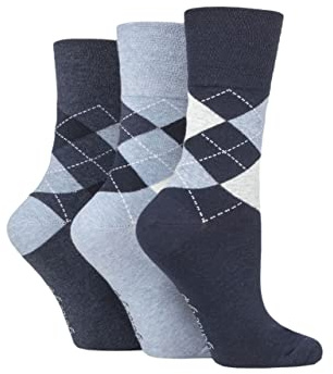 Gentle Grip Ladies 3 Pair Argyle Patterned Cotton Socks Argyle Navy/Denim 4-8
