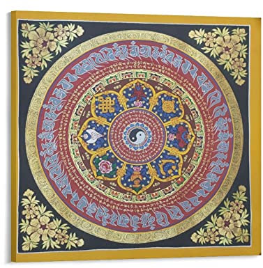 Poster auf Leinwand, Motiv: Tibetische Om Mane Padme Hum Mantra Mandala Thangka Poster, dekorativ, modern, 70 x 70 cm