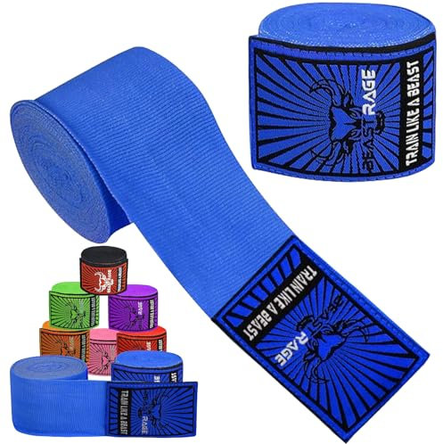 BEAST RAGE Boxbandagen für Herren, Schutz, MMA-Unterstützung, Innenhandschuhe, Kampfsport, Kampfsport, Muay Thai, unter den Handschuhen, 4,5 m, elastische Bandagen (blau, 4.5 M)