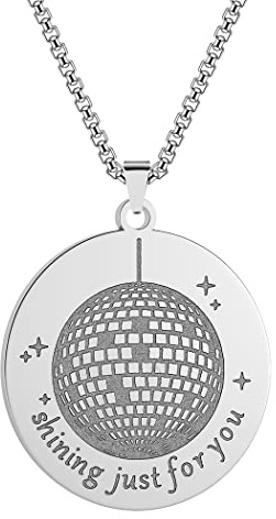 QIAMNI Mirrorball Halskette für Frauen Männer Shining Just for You Edelstahl graviert Kreis Kette Anhänger Halskette Charme Schmuck(Silver)