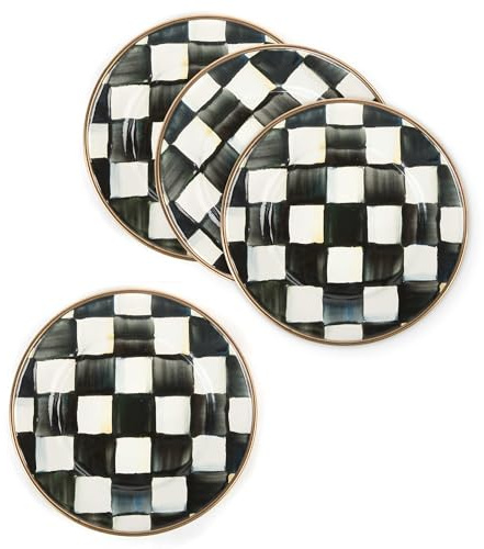 MACKENZIE-CHILDS Set of 4 Enamel Appetizer Plates, Mini Dessert Plates, 5 Inches, Black-and-White Courtly Check