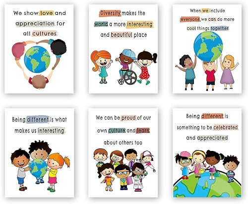 TANXM Kinder-Harmonie-Poster, Pädagogen-Wandkunst, positiv, selbstwert, Wandkunst, Vielfalt Kunstdruck, multikulturelle Kunstposter, Klassenzimmer, Bildung, Set mit 6 Stück (20.3x25.4 cm, ohne Rahmen