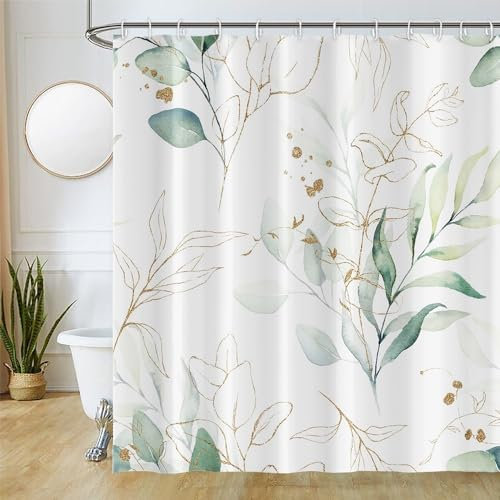 Uiiooazy Duschvorhang 240x180cm, Duschvorhang Eukalyptus Grüne Blätter Anti Schimmel Gold Aquarell Pflanzen Duschvorhänge Wasserdicht Polyester Stoff Waschbar Bad Vorhang mit 12 Haken für Badezimmer