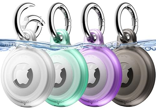 JETech Custodia Impermeabile da 4 Pacco per AirTag con Portachiavi, Corpo Pieno Antigraffio Air Tag Porta Portachiavi Cover per Bambini, Animale Domestico, Borse (Nero/Trasparente/Verde/Viola)