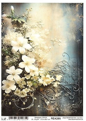 Josys Bastelmärchen Reispapier A4 Strohseide Vintage Scrapbooking weiße Blumen Shabby Chic RE4285