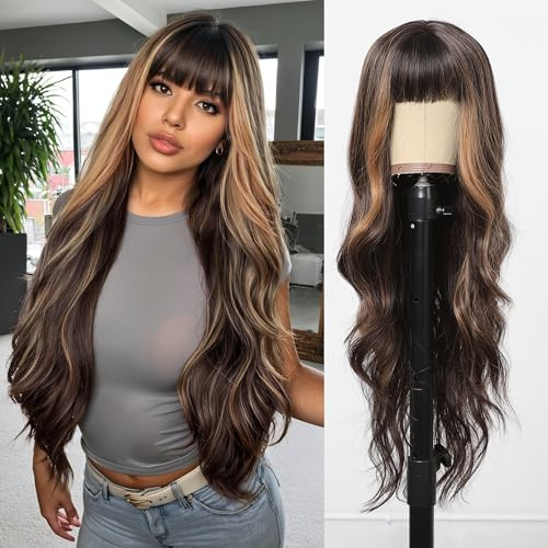 testar Brown Wigs for Women 28 Inches Long Wavy Wigs With Thick Bangs Brown With Blonde Highlights Curly Hair Synthetic Wave Heat Resistant Fiber Daily Party Halloween Use