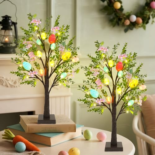 DR.DUDU Osterdekor-Set mit 2 beleuchteten künstlichen Bäumen mit Ostereiern und bunten LED-Lichtern, beleuchteter Bonsai-Baum für Tisch, Zuhause, Urlaub, Frühlingsdekoration