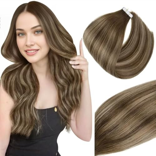 Vivien Tape Extensions Echthaar Braun Balayage Echthaar Extensions Tape Ombre Dunkelbraun bis Blond Remy Haarverlängerungen 55cm 25g 10Pcs