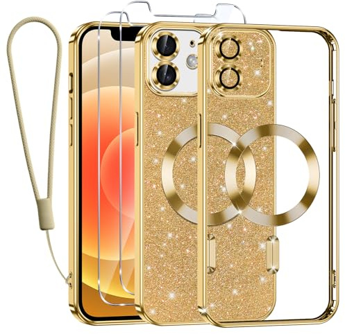 Kokio Handykette für iPhone 12 Hülle mit Band, [Kompatibel mit MagSafe] Glitzer Magnetisch Handyhülle für iPhone 12 mit 2 Stück Schutzfolie Stoßfeste Silikon Schutzhülle, Gold