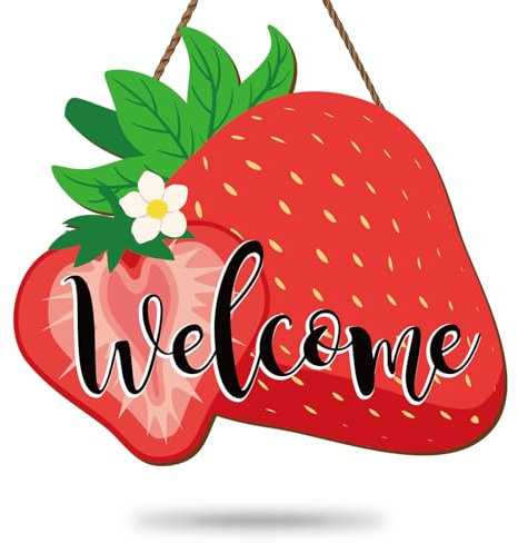 Whaline Türschild aus Erdbeerholz, zum Aufhängen, Sommer-Obst-Thema, Wandplage, saisonales Haustür-Aufhänger, Schild, Dekoration für Einweihungsgeschenk, für drinnen und draußen, Zuhause, Bauernhaus,