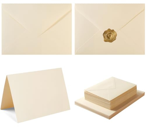 50 Pack Cream A6 Envelopes with Cards 4x6 Thick Folded Cardstock and Gold Stickers for Greeting Cards, Wedding, Birthday, Invitations, Baby Showers (Cream, 4x6)