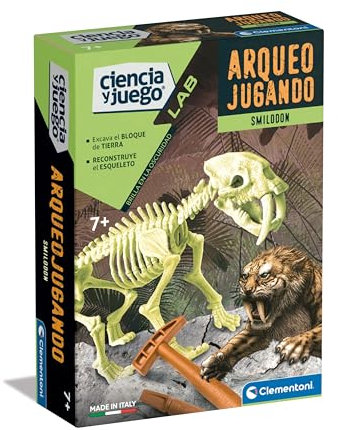 Clementoni 55544 Arqueojugando Smilodon fosforescente Juego de Ciencias, para Montar tu Propio Dinosaurio fosforescente y Descubrir la Ciencia de la arqueología, A Partir de 7 años
