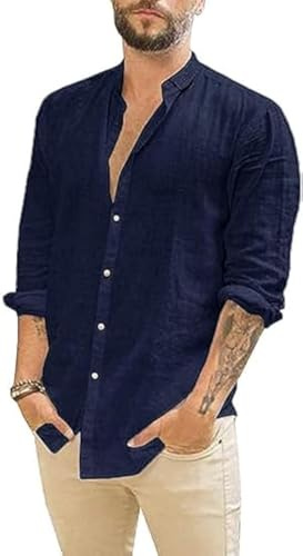 Runcati Chemise pour homme en lin à manches longues pour l'été et la plage - Chemise décontractée coupe droite - Chemises de loisirs, bleu foncé, XL