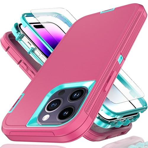 YmhxcY for iPhone 14 Pro Max Case 6.7-Inch with Explosion-Proof Screen Protector,3 in 1 Shockproof TPU Hard PC Bumper Drop-Proof Shell for iPhone 14 Pro Max-Red/Blue