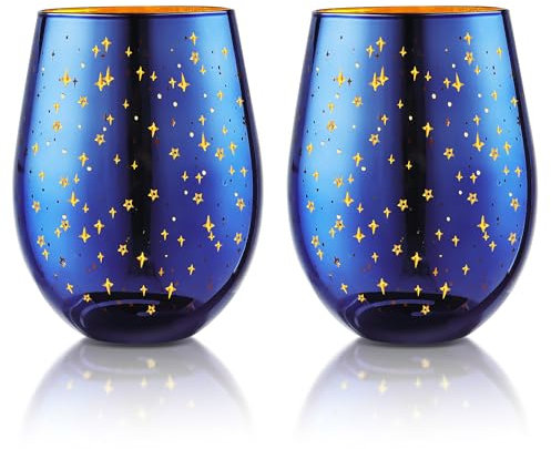 Joeyan Stemless Wine Glasses Set of 2, Blue Drinking Glasses with Gold Star Patterns, 540ml Large Wine Tumblers Glass Drinking Water Cup for Graduation Wedding Anniversary Birthday Christmas Gifts