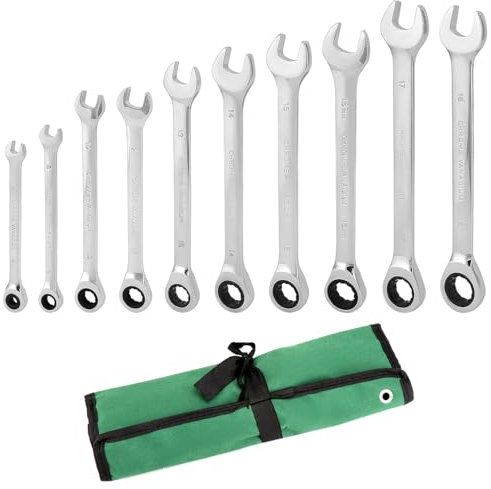 QWORK® 10 Pcs Ratchet Spanner Set, 8-19 mm Fixed Head Open Combination Spanner with Wrap Bag, Wrench Set
