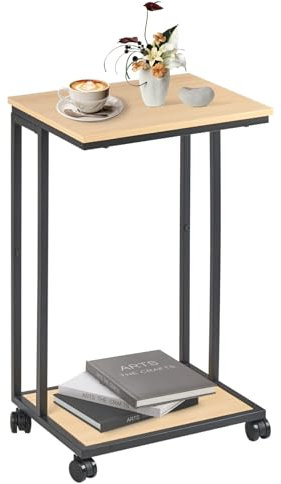 fusehome C-Shaped End Table for Couch, Slide Under Sofa Snack Table, Small TV Tray, C Table with Wheels, Laptop Desk for Living Room, Bedroom, Small Spaces,White Maple