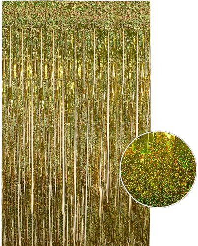 WedDecor 3ft x 6.5ft Gold Tinsel Laser Foil Fringe Curtains Shiny Metallic Tinsel Curtains Hanging Streamers for Birthday Party Decoration Wedding Photo Backdrop Christmas Baby Shower, Pack of 1