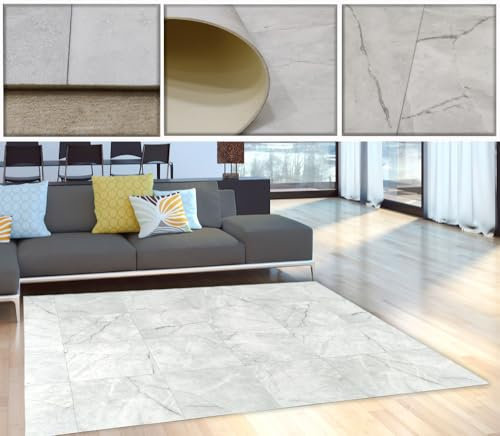 Tadi & Imperio1979 Alfombra Vinilo beig Marfil Dibujo marmol beteado para Cocina- salón - Oficina - antidelizante con Detalles Gris.