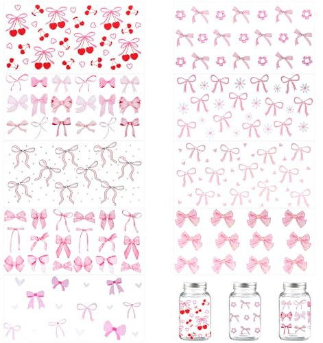 9 Sheets DTF Transfer Stickers, Pink Bow Transfer Cup Stickers Cute Bow Cup Wraps for 16 oz Glass Water Bottle Girls DIY Crafts Decorations