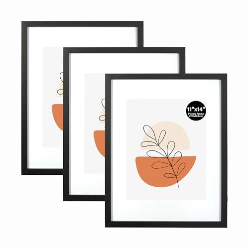 KAIWIN 11x14 Picture Frame Black Set of 3, Photo Frame with Acrylic Glass for Pictures 8x10 with Mat or 11x14 Without Mat, 14x11 Picture Frames for Hanging, For Photos, Posters, Puzzles| Poster Frame