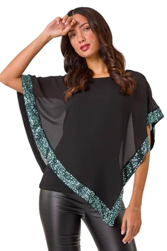 Roman Sequin Hem Overlay Stretch Top for Women UK Ladies New Year NYE Party Blouse Sparkly Glitter Shiny Autumn Winter Tunic Round Chiffon Cape Going Out Special Occassion - Sage - Size 12