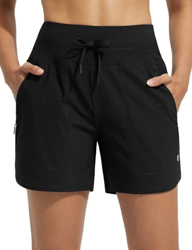 baleaf Swim Shorts Women 5 High Waisted with Zip Pockets Tummy Control Board Beach Shorts Swimming Custome Bottoms Black XL