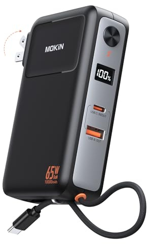 Caricabatterie portatile con caricatore da parete da 65 W, Power Bank da 10000 mAh, 2 uscite integrate e cavo USB-C, spina CA pieghevole, display digitale intelligente, batteria esterna per iPhone 16