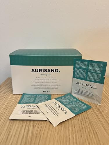 AURISANO Hearing Aid Cleaning Wipes -100pcs Generously Sized 18.5 * 11.5cm - Individually Packed - Removes Dirt and Earwax - 100% Biodegradable Moist Hearing Aid Wipes - Certified for Hearing Devices