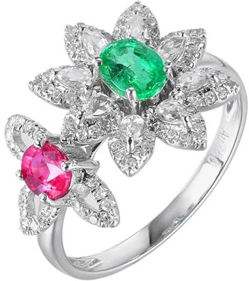 Tolldek 18 Karat Weißgold Ring, Doppel Blumen Freundschaftsringe mit Rubin 0.79ct Ovalschliff, Diamantring mit Diamant 18K Gold Solitärring Echt Schmuck, Gr.53 (16.9)