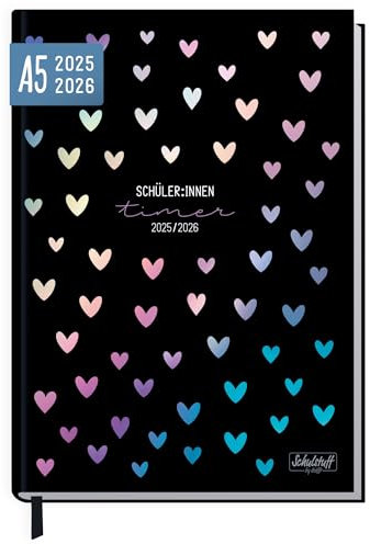 Schulstuff Schüler-Timer 2025/2026 A5 - organisiert durchs neue Schuljahr - Flexocover Schülerkalender, Schülerplaner, Hausaufgabenheft Color Hearts - nachhaltig & klimafreundlich