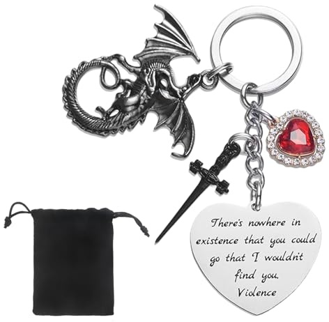 Nhemeylp Fourth Merch Wing Dragon Schlüsselanhänger mit Schwert und rotem Herzanhänger, 4. Flügel Drache Schlüsselanhänger Buchliebhaber Geschenke für Fans Teenager Mädchen, silberfarben, 12x10x1cm