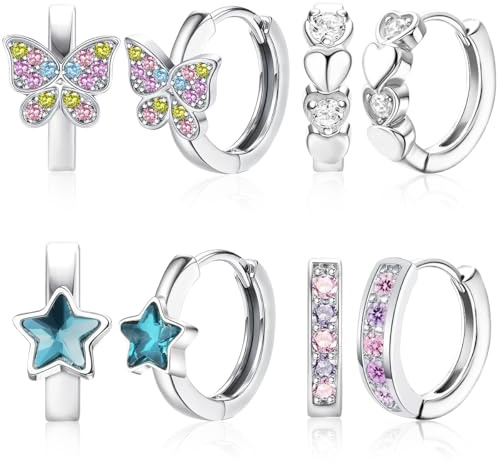 4 Paar Ohrringe Mädchen Silber, Rosa/Blau Herz Stern Schmetterling Kleine Creolen Ohrringe Set, Zirkonia Hängeohrringe Mädchen, Creolen Kinder Silber, Hypoallergen Schlafen Knorpel Earings für Kinder