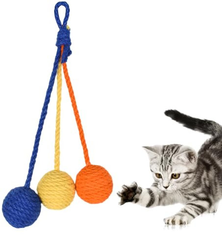Disnace Sisalball Katzenspielzeug, Hängender Sisal-Katzenball, Hängendes Katzenspielzeug Bälle, Haustier Kratzball, Katzenspielzeugs Ball mit Glöckchen für Indoor-Katzen (Orange, Gelb, Blau)