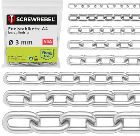 SCREW REBEL 3,0 mm starke Edelstahlkette A4 rostfrei, Gliederkette 1 m lang, Schildkette kurzgliedrig DIN 5685-3, Eisenkette, Rundstahlkette V4A - Paket mit 5 x 1 Meter Ketten