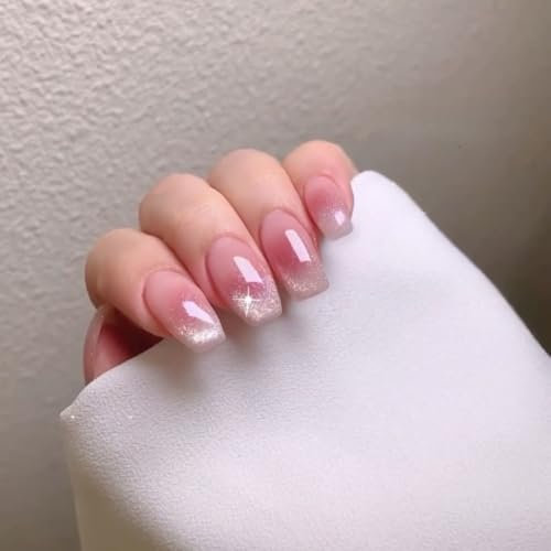 SXVME Cat Eye Ombre Pink Press on Nails Medium Coffin, French Tip False Nails Long Ballerina, Glitter Blush Pink Fake Nails Press ons, Bling Sparkle, Reusable Gel Stick on Nail for Women, 30 Pcs