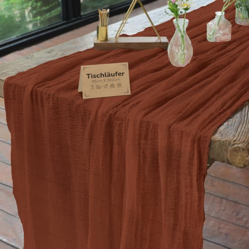 aboveBED 85cm x 300cm Musselin Käsetuch Tischläufer Dekostoff Terrakottarot | Boho Gaze Waschbar Tischdeko Tischband für Hochzeit, Geburtstag, Kommunion, Taufe, Party, Weihnachten & Silvester Dekory