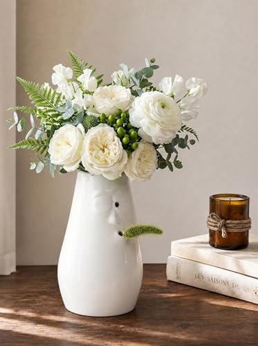 NUPTIO Weiß Vase Lustige Geschenke: Modern Keramik Blumenvase für Geburtstag Weihnachten Muttertag – 24,5cm Hoch Funny Blume Vasen für Wohnzimmer Büro Schlafzimmer Esstisch Deko