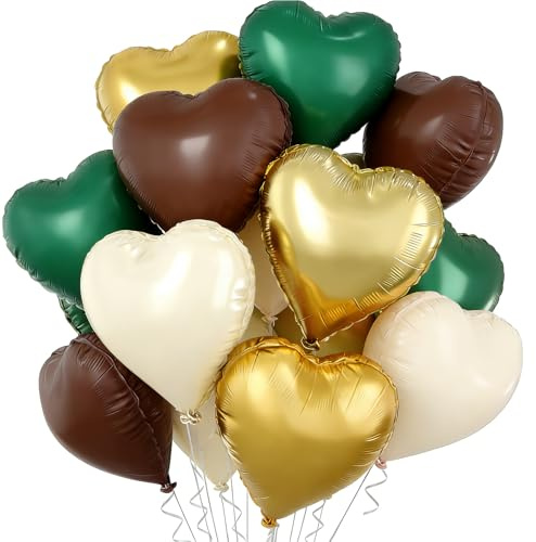 Herz Folienballons, 18 Zoll Herz Helium Luftballons, Herzluftballons Dunkelgrün-Braun Gold, Beige Hochzeit Herzballons Herzform, Folienluftballon für Valentinstag Geburtstag Verlobung Muttertag