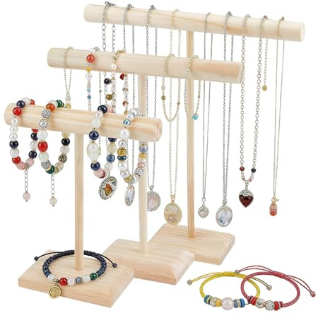 Junhonze 3 PièCes Presentoir Bijoux En Bois|Porte Collier|Porte Bijoux | Presentoir Bracelet, En Forme De T DéTachable,Porte Bijoux Pour Colliers, Bracelets, Boucles D'Oreilles Et Bagu