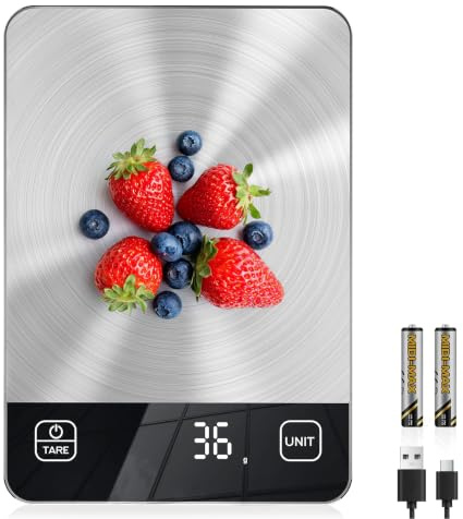 Diyife Rechargeable Kitchen Scales,15kg/1g, Large Stainless Steel Platform | 9×6.3in Large Size, 6 Units, Tare, Auto Shutoff, Wall Mount, USB Charge Food Scales for Baking, Cooking, Battery Included