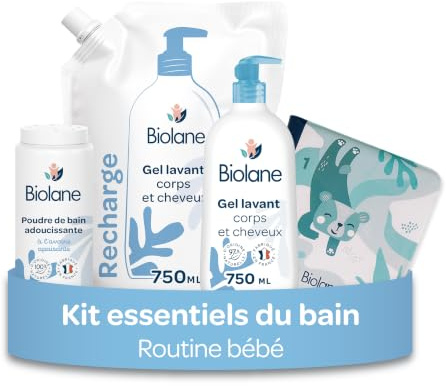 BIOLANE - Kit Essentiel Du Bain - Bébé - Hygiène & Soin - Dés la naissance | Gel lavant 2en1 750ml, Eco-Recharge Gel 2en1 750ml, Poudre de Bain, Livre inclus, Routine qui nettoie et protège
