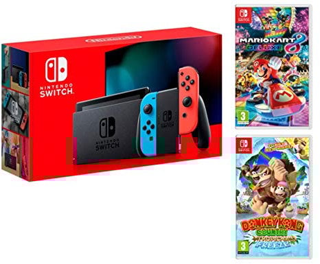 Nintendo Switch rojo/azul neón 32 GB Pack + Mario Kart 8 Deluxe + Donkey Kong: Tropical Freeze